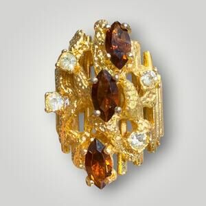 18 KT H.G.E Aurora Jewelry Co Topaz Rhinestone Brutalist Ring sz 6,5